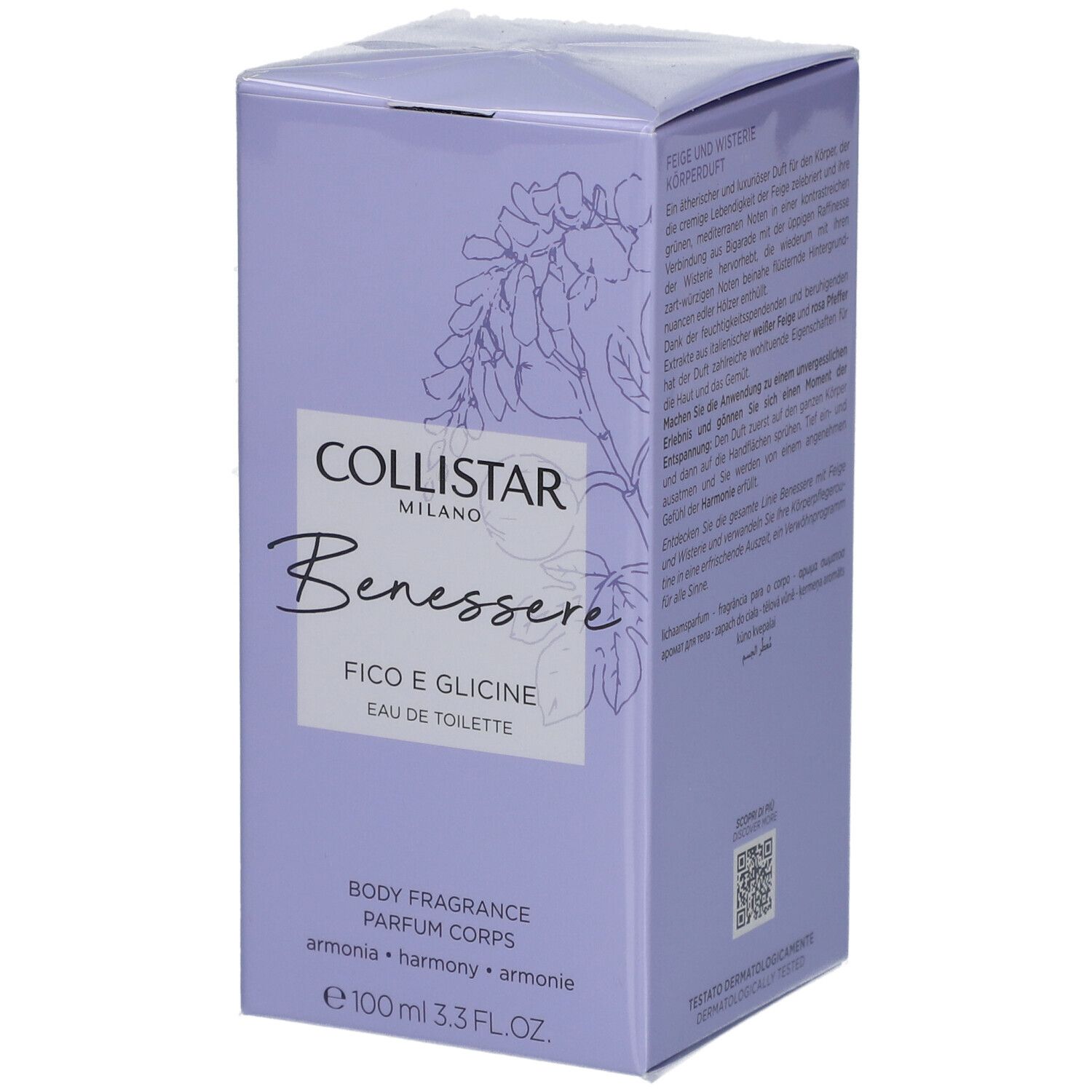 Boîte Collistar lilas clair. Texte: Benessere, Fico e Glicine, Eau de Toilette. 100 ml. Graphique floral.