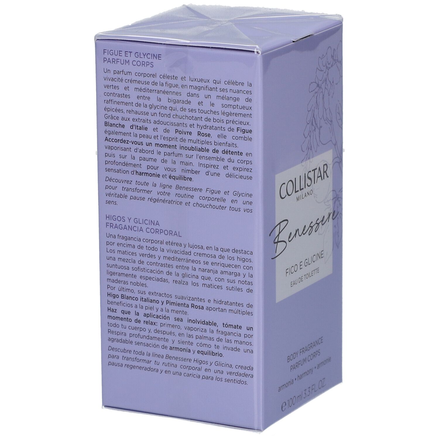 Boîte Collistar, lilas. Texte: Fico e Glicine, Eau de Toilette. Texte en allemand, français, italien, anglais.