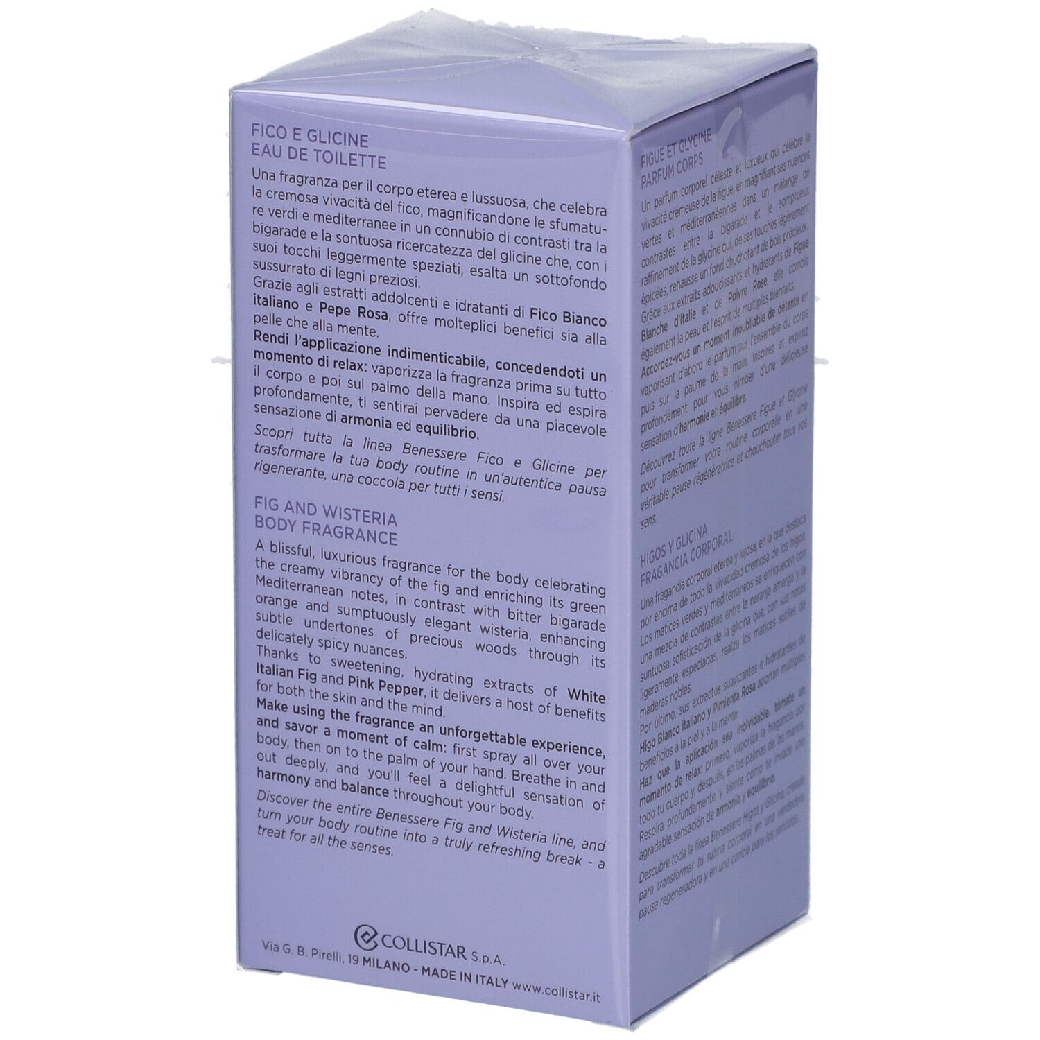 Boîte Collistar, lilas. Texte: Fico e Glicine, Eau de Toilette. Texte en allemand, français, italien, anglais.