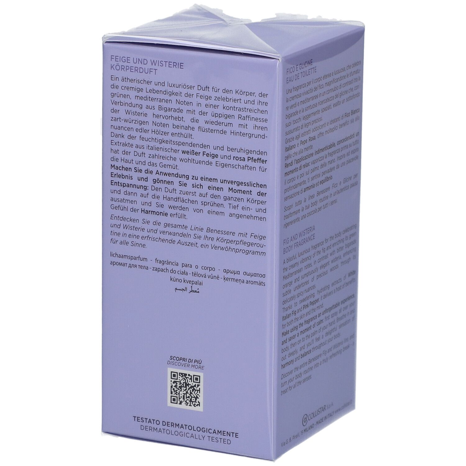 Boîte Collistar, lilas. Texte: Fico e Glicine, Eau de Toilette. Texte en allemand, français, italien, anglais.