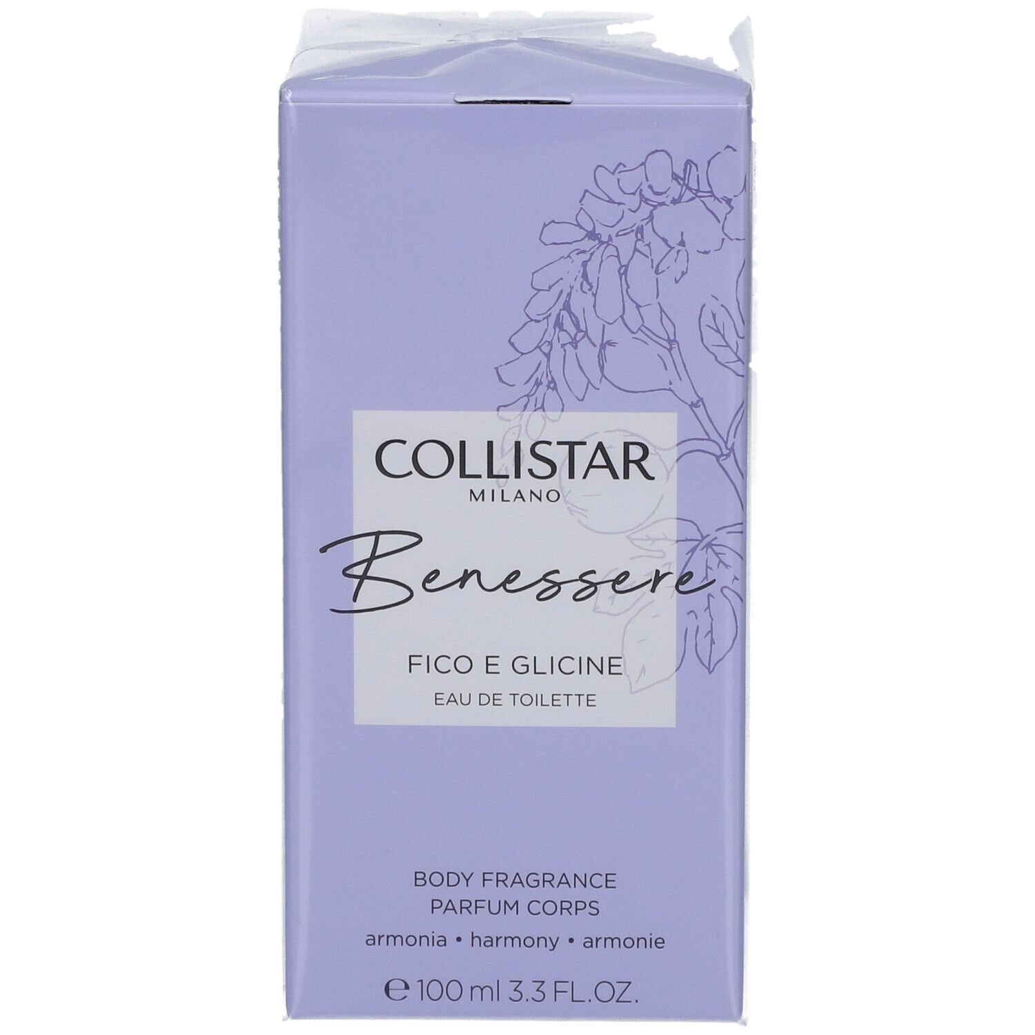 Boîte Collistar lilas clair. Texte: Benessere, Fico e Glicine, Eau de Toilette. 100 ml. Graphique floral.