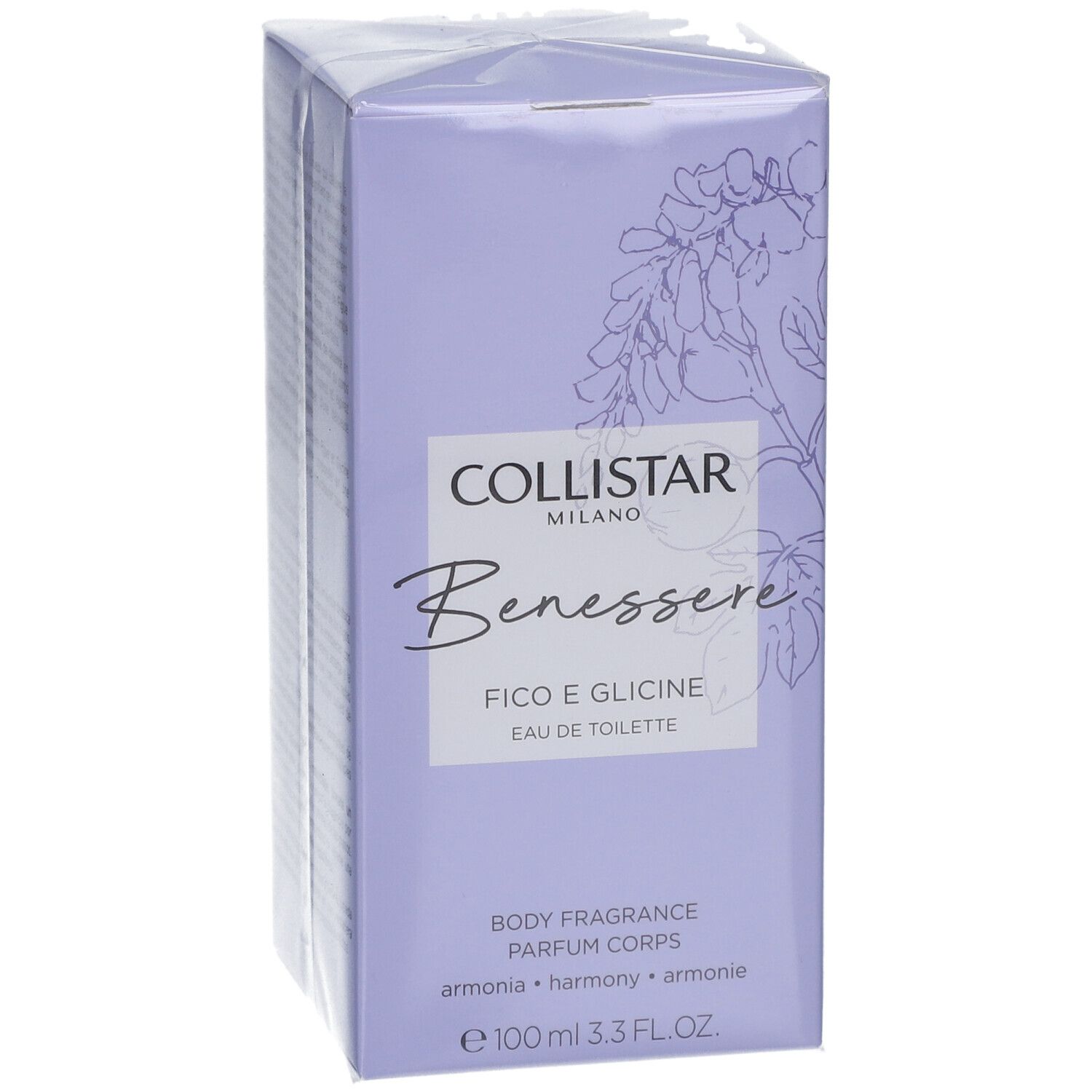 Boîte Collistar lilas clair. Texte: Benessere, Fico e Glicine, Eau de Toilette. 100 ml. Graphique floral.