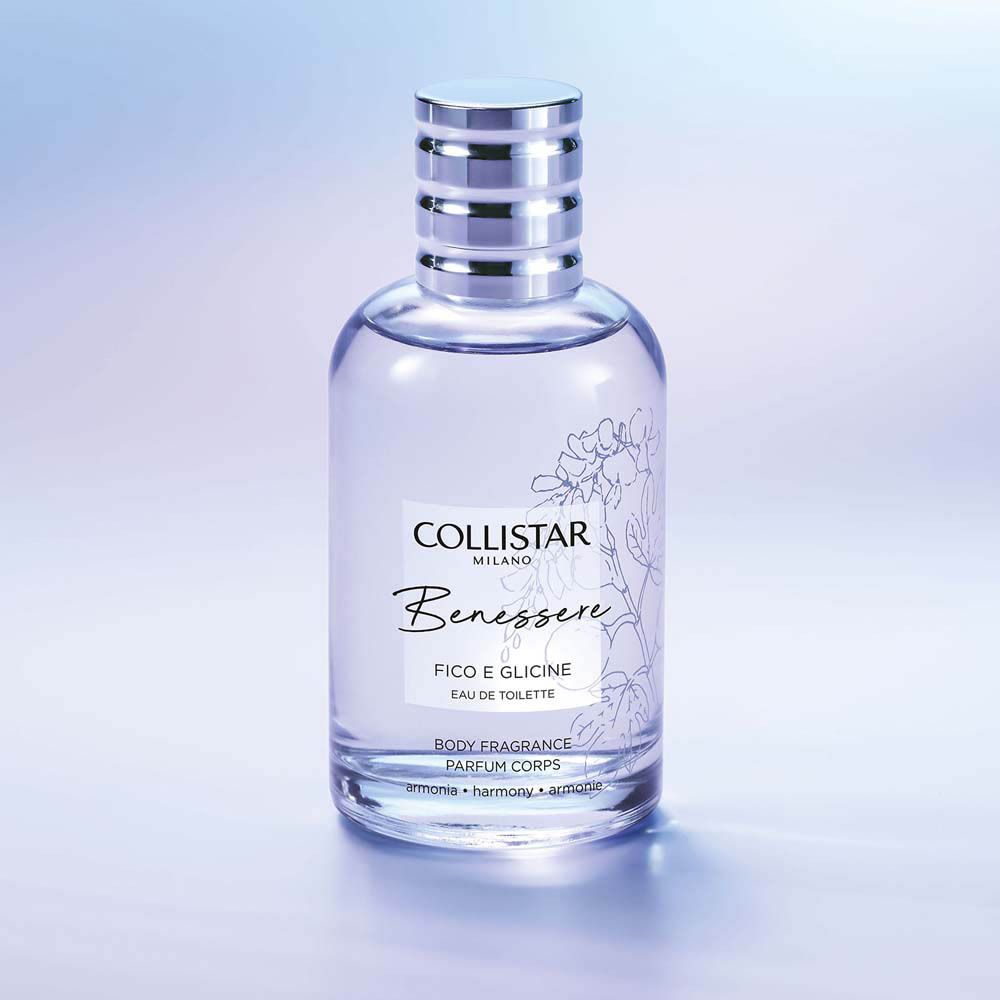 Flacon en verre, liquide lilas. Texte: Collistar, Benessere, Fico e Glicine, Eau de Toilette. Bouchon argenté.