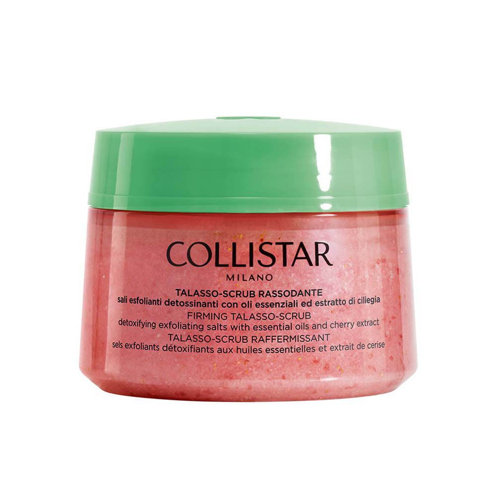 Pot rond, couvercle vert. Inscription: COLLISTAR MILANO. Texte: TALASSO-SCRUB RASSODANTE.