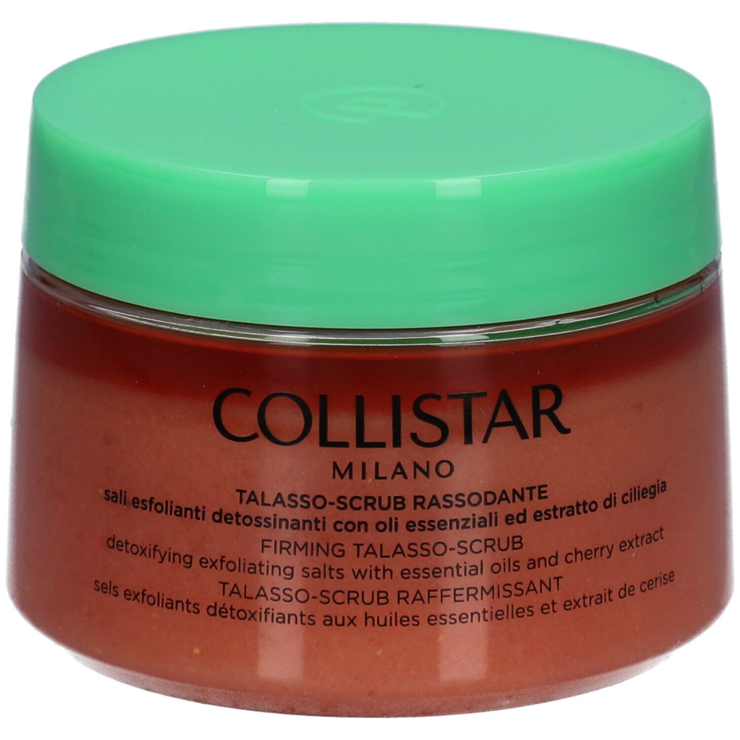 Pot rond, couvercle vert. Inscription: COLLISTAR MILANO. Texte: TALASSO-SCRUB RASSODANTE.