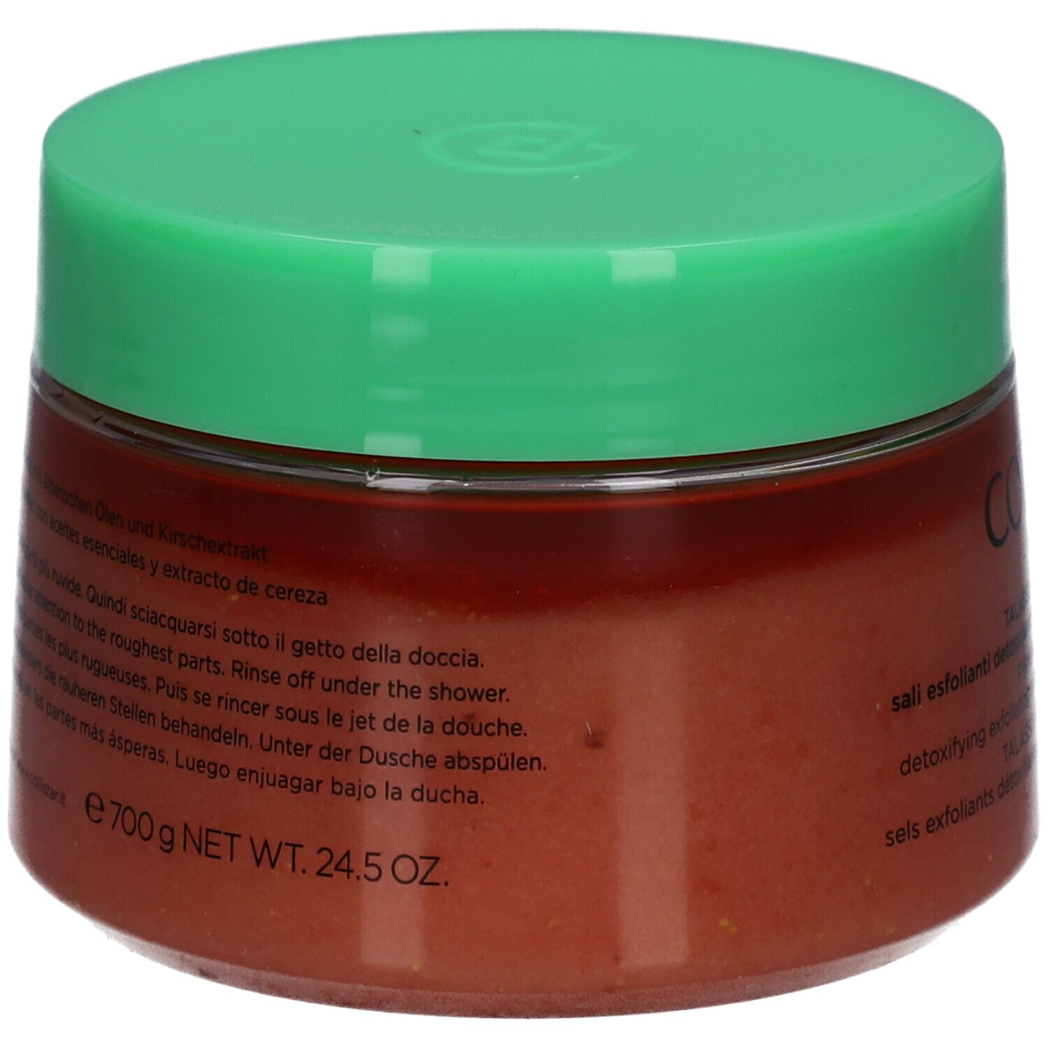 Pot rond, couvercle vert. Inscription: e700g NET WT. 24.5 OZ. Texte en italien.