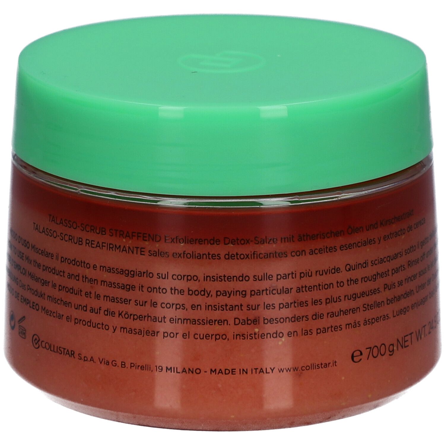 Pot rond, couvercle vert. Texte en italien. Inscription: e700g NET WT. 24.5 OZ.