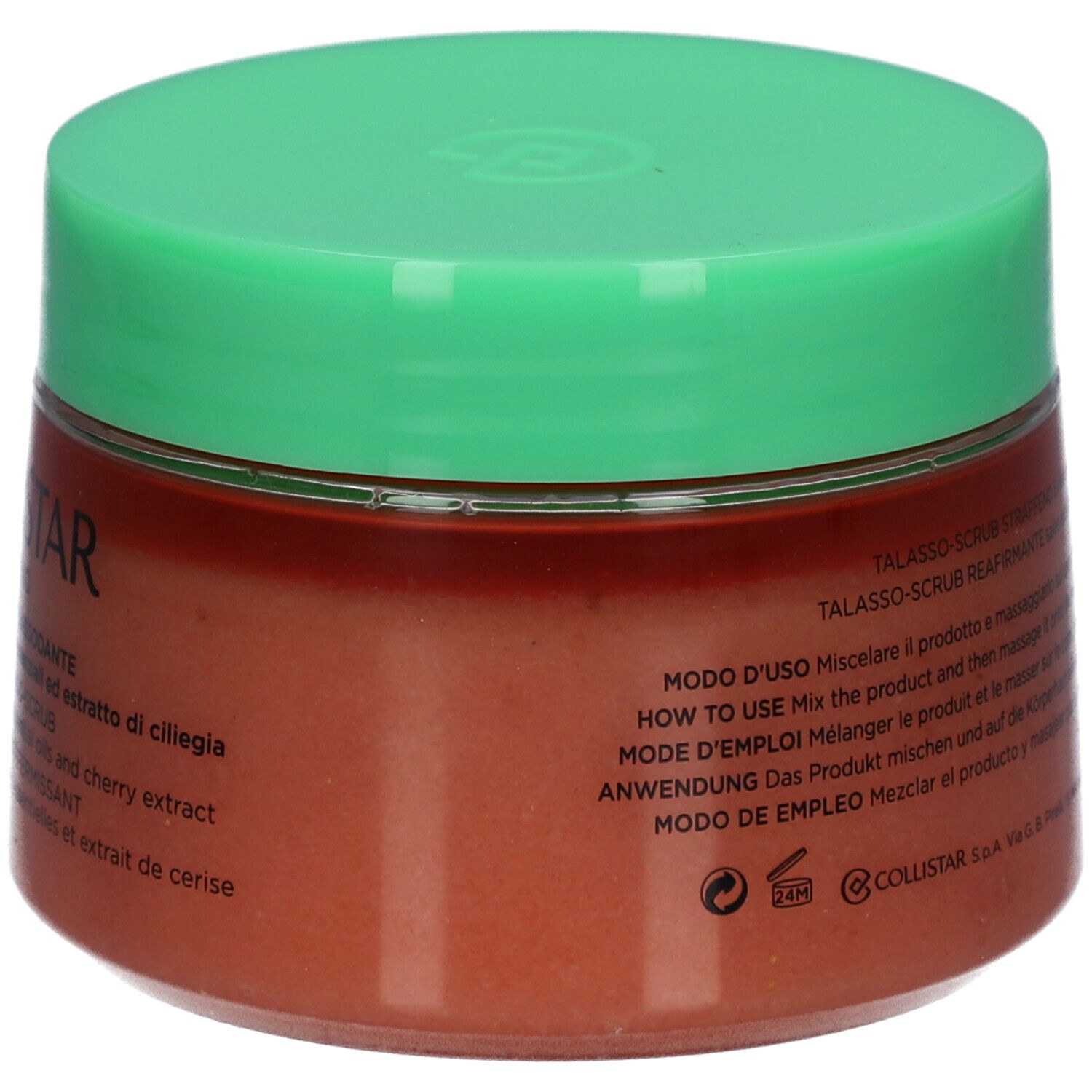 Pot rond, couvercle vert. Texte en italien. Inscription: e700g NET WT. 24.5 OZ.