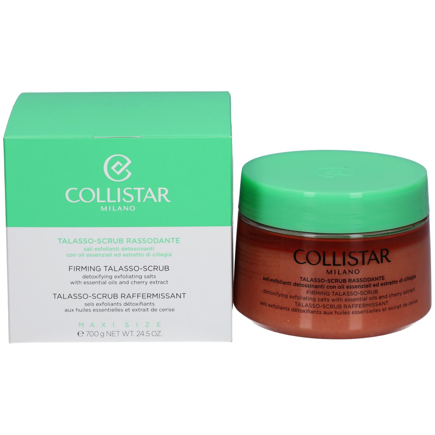 Emballage du produit: pot et boîte. Pot avec couvercle vert. Inscription: COLLISTAR MILANO.