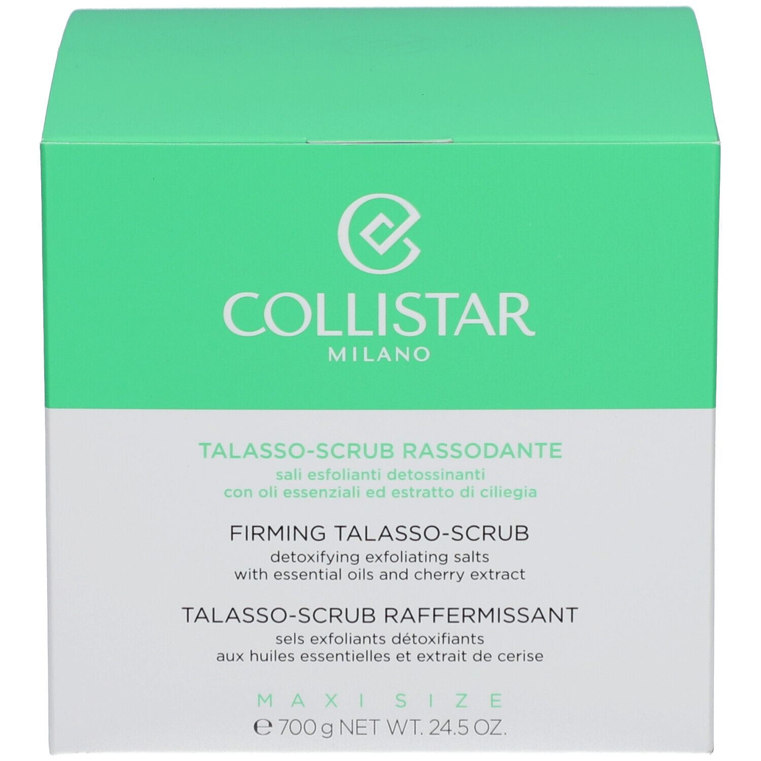 Emballage du produit: boîte verte. Inscription: COLLISTAR MILANO. Texte: TALASSO-SCRUB RASSODANTE.