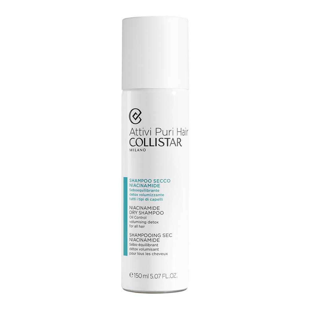 Spray blanc avec bouchon blanc. Inscription : Collistar, Shampooing Sec Niacinamide.