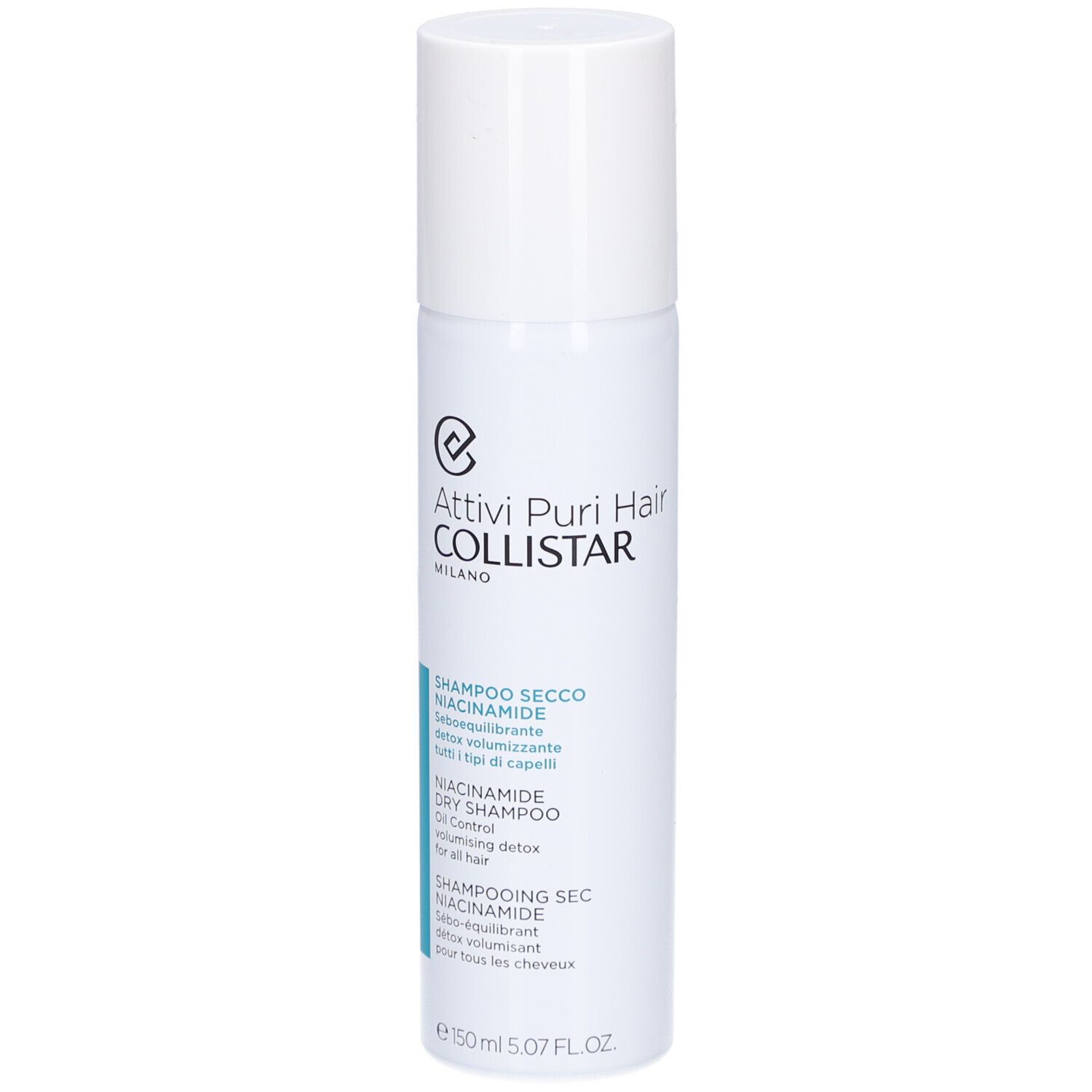Weißes Spray mit weißem Deckel. Aufschrift: Collistar, Shampooing Sec Niacinamide.