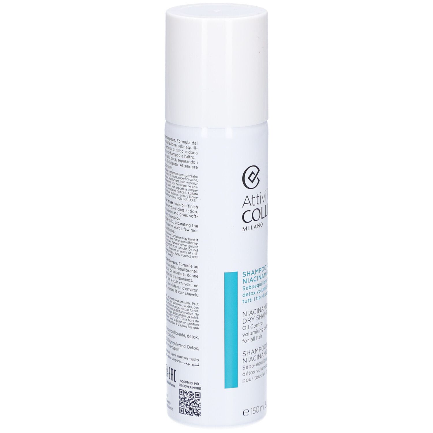 Weißes Spray mit weißem Deckel. Aufschrift: Collistar, Shampooing Sec Niacinamide.