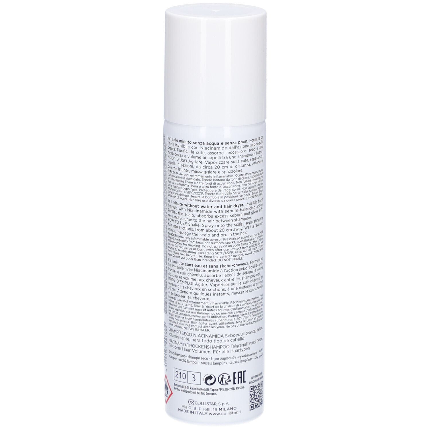 Weißes Spray mit weißem Deckel. Text auf der Rückseite. Aufschrift: Collistar, Shampooing Sec Niacinamide.