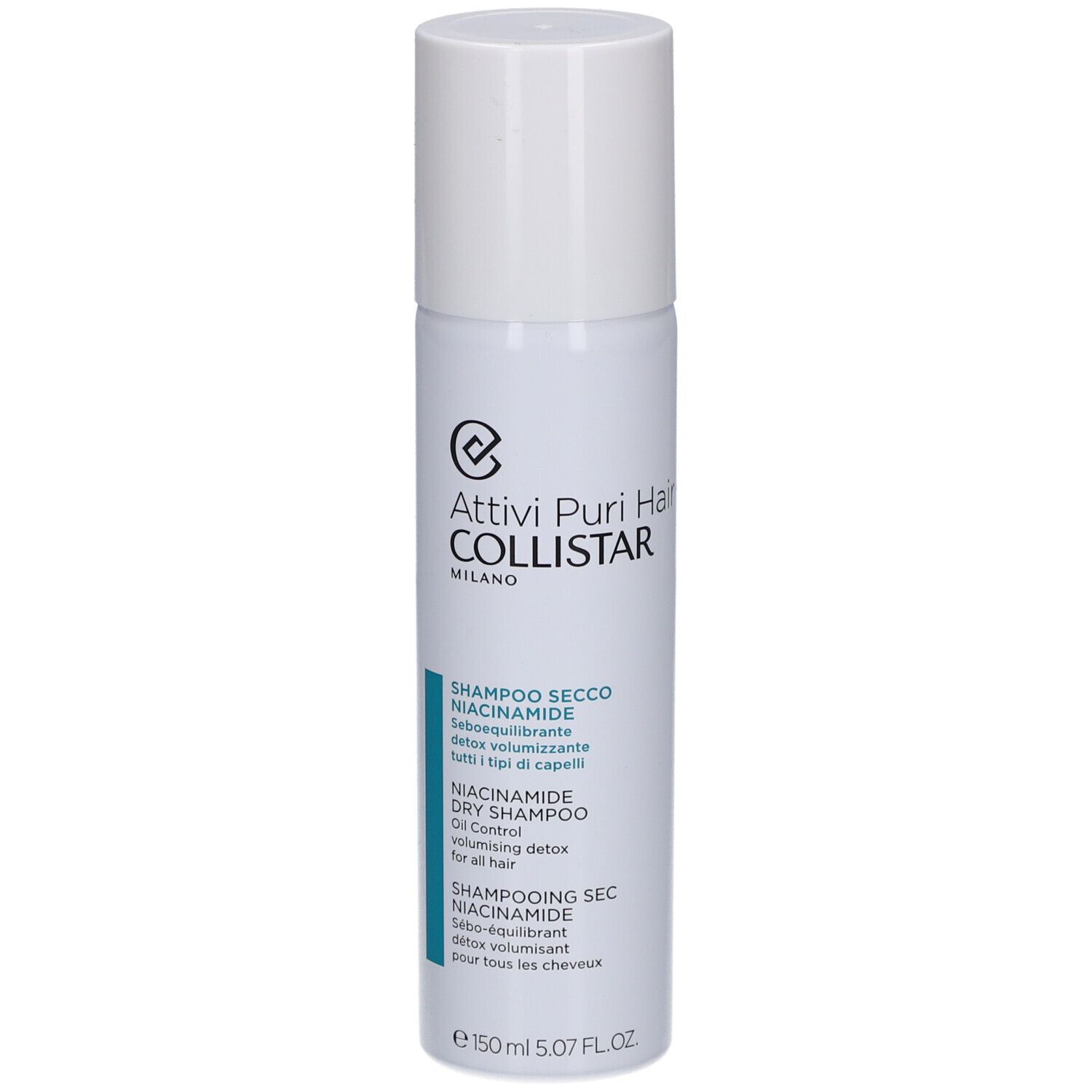 Weißes Spray mit weißem Deckel. Aufschrift: Collistar, Shampooing Sec Niacinamide.