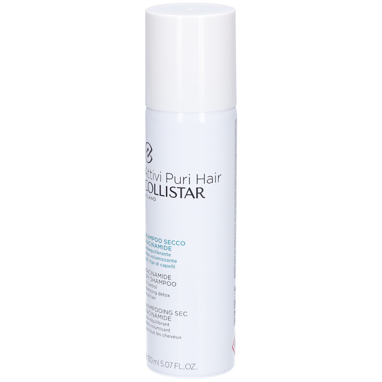 Weißes Spray mit weißem Deckel. Aufschrift: Collistar, Shampooing Sec Niacinamide.