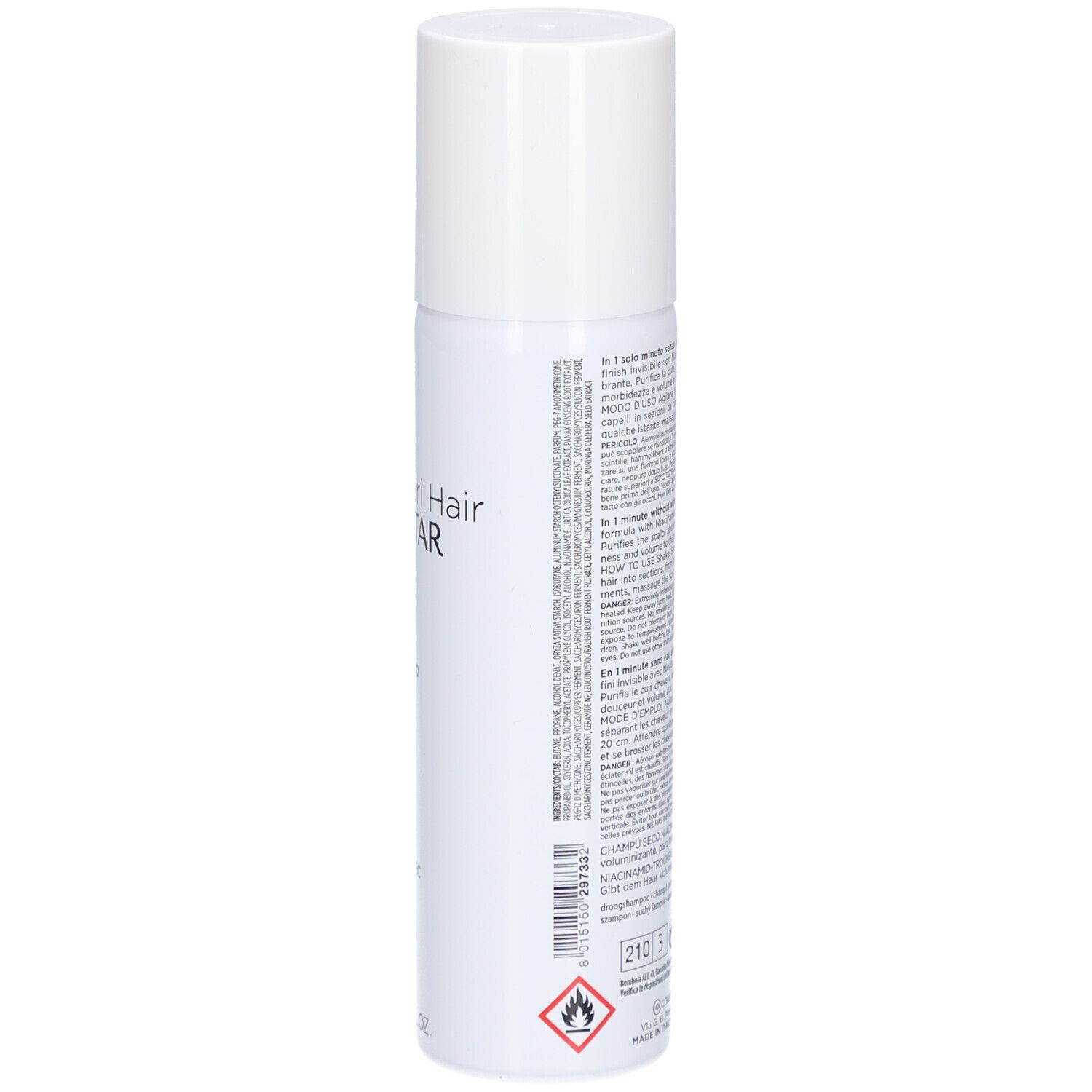 Weißes Spray mit weißem Deckel. Text auf der Rückseite. Aufschrift: Collistar, Shampooing Sec Niacinamide.