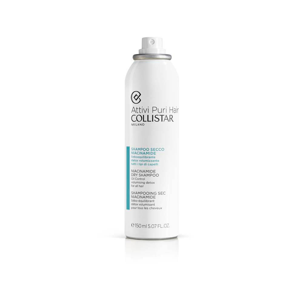 Spray blanc avec bouchon blanc. Inscription : Collistar, Shampooing Sec Niacinamide.
