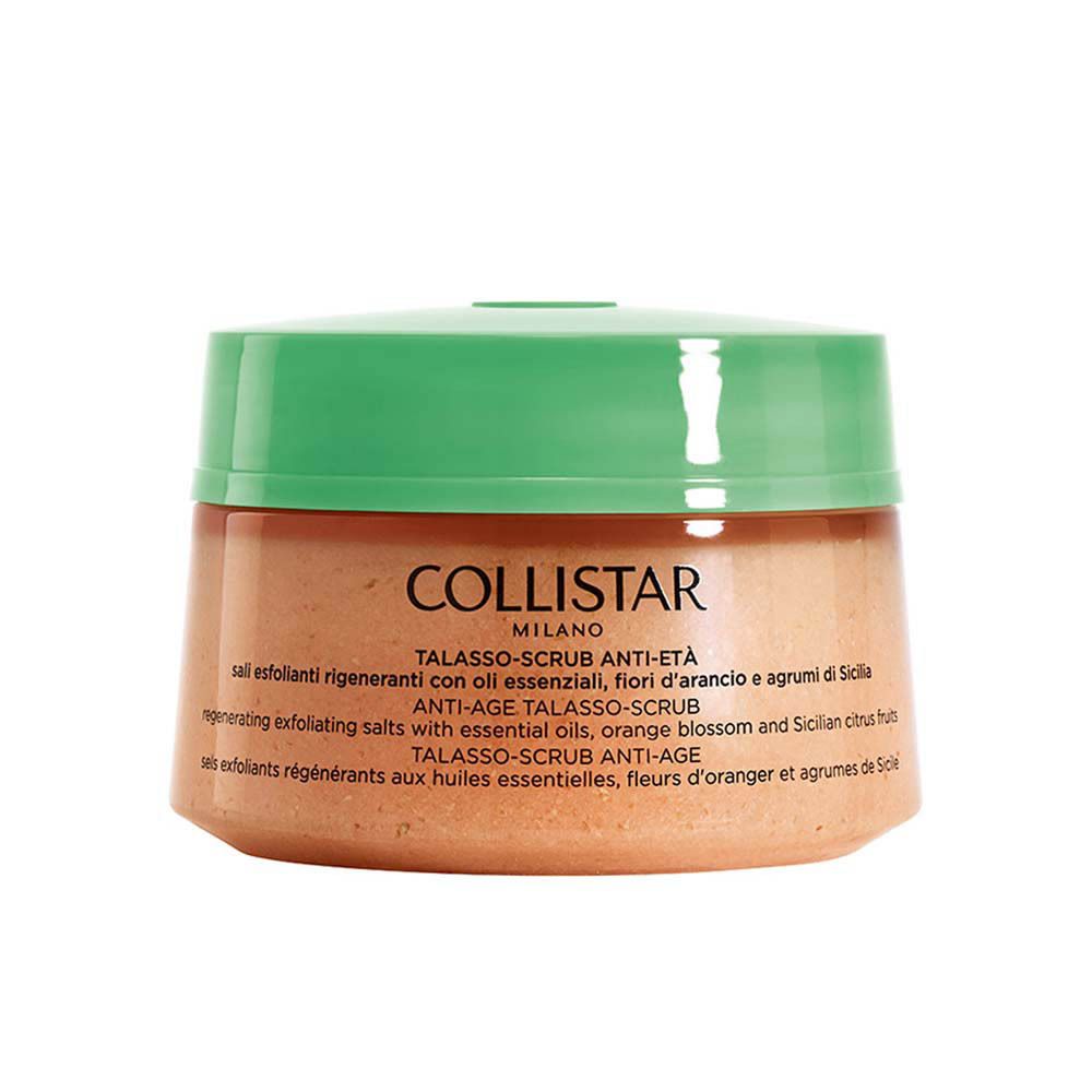 Pot rond avec couvercle vert. Inscription : COLLISTAR, TALASSO-SCRUB ANTI-ÂGE.