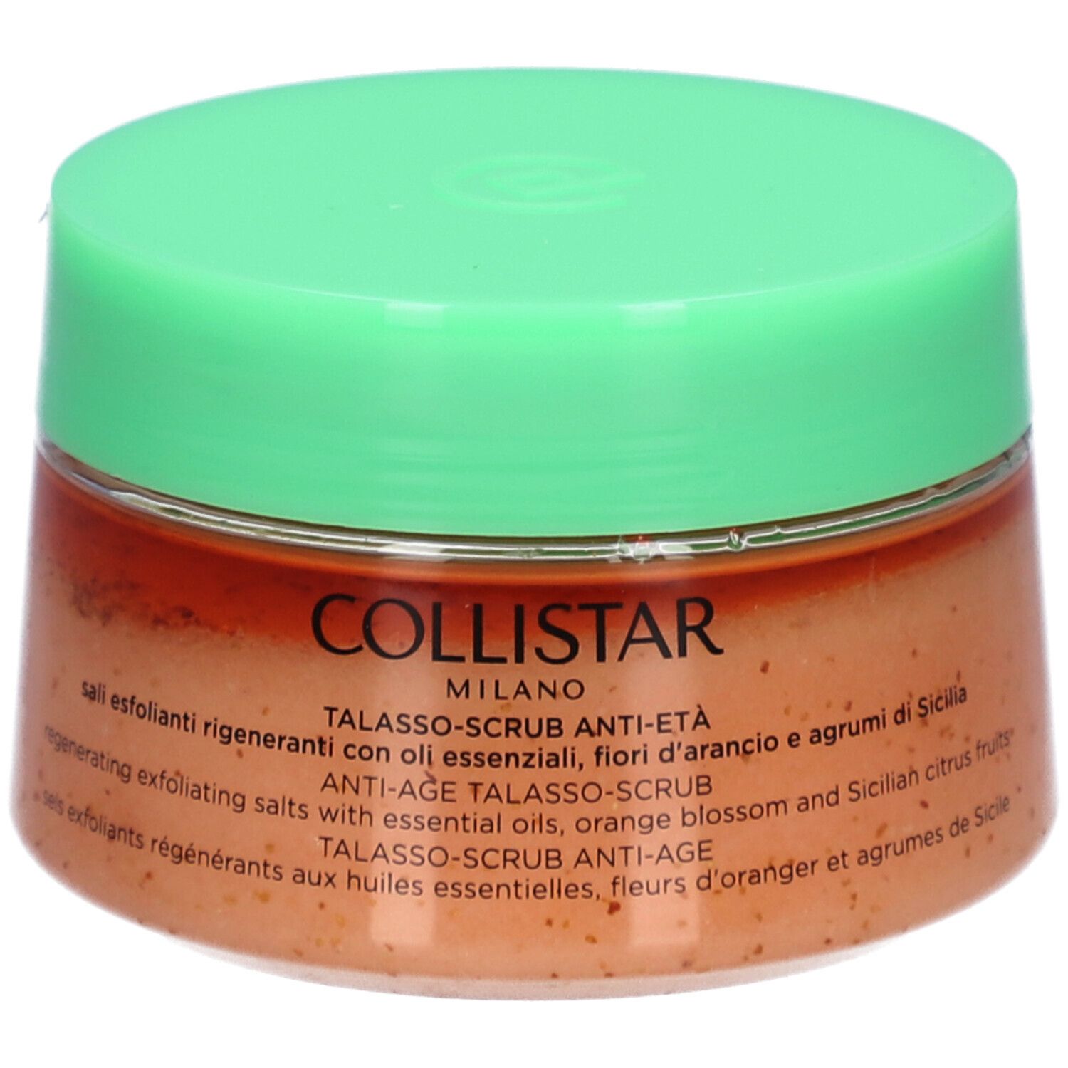 Pot rond avec couvercle vert. Inscription : COLLISTAR, TALASSO-SCRUB ANTI-ÂGE.