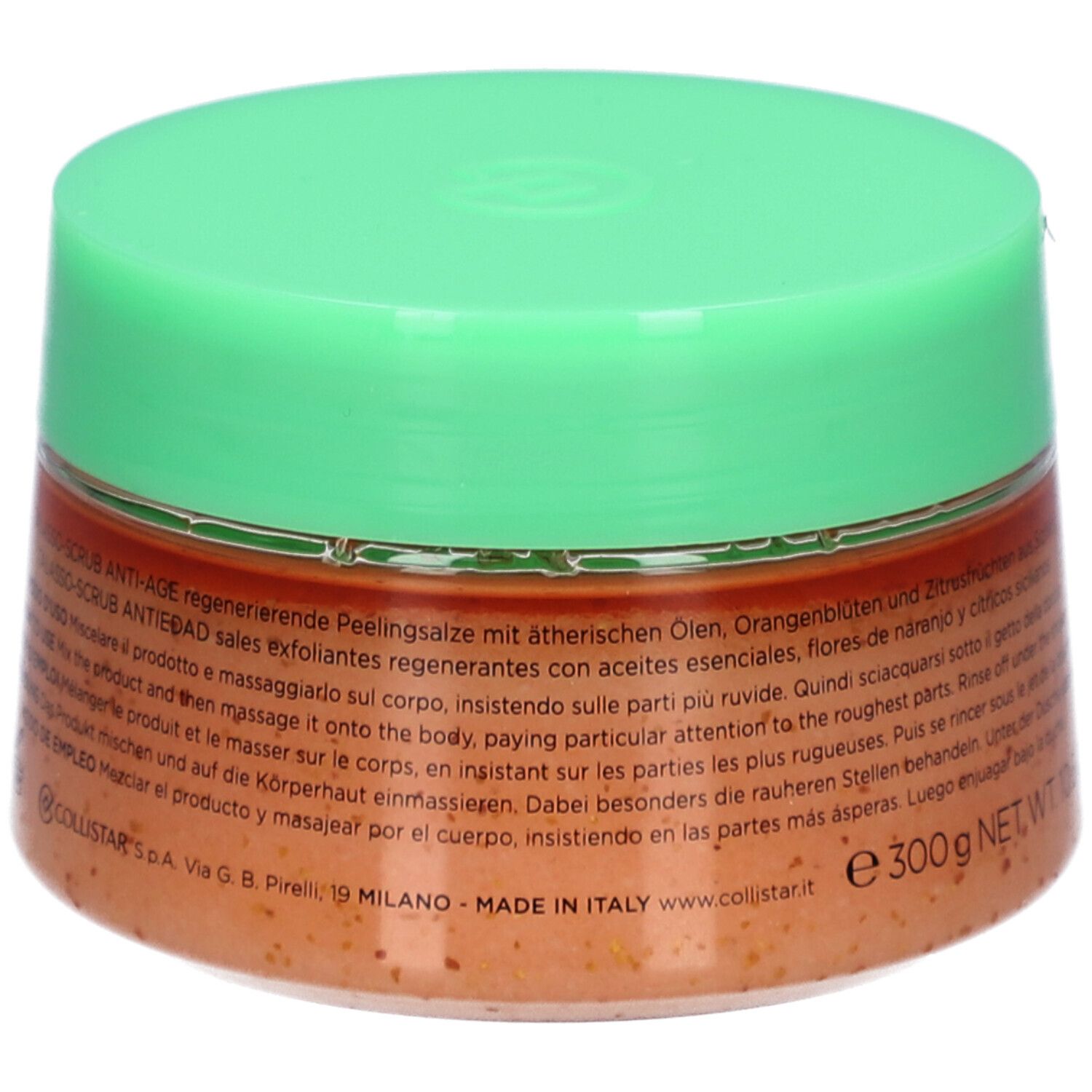 Pot rond avec couvercle vert. Inscription : COLLISTAR, TALASSO-SCRUB ANTI-ÂGE. Texte au dos.