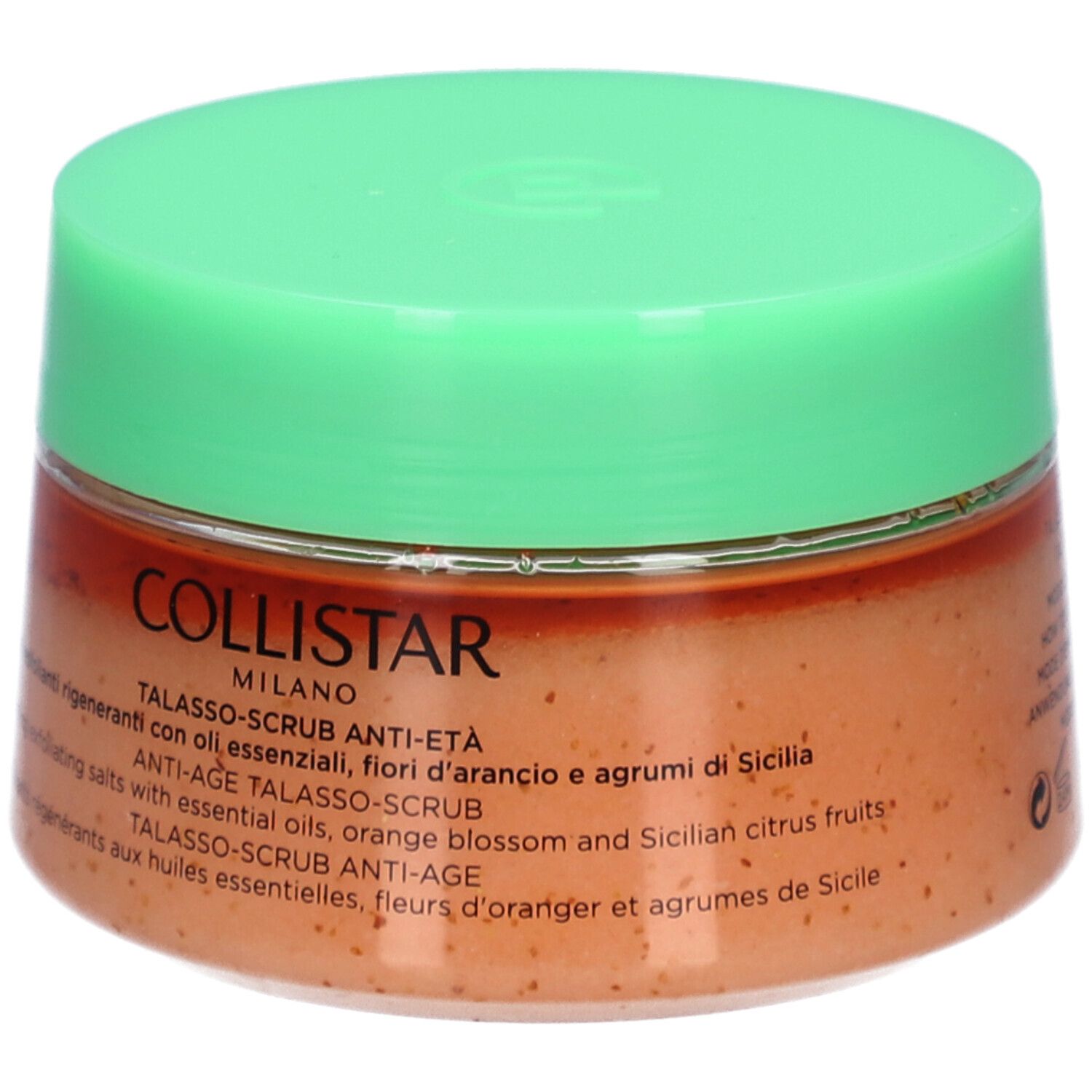 Pot rond avec couvercle vert. Inscription : COLLISTAR, TALASSO-SCRUB ANTI-ÂGE.