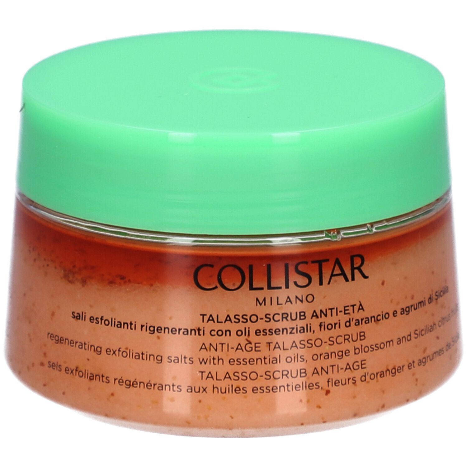 Pot rond avec couvercle vert. Inscription : COLLISTAR, TALASSO-SCRUB ANTI-ÂGE.