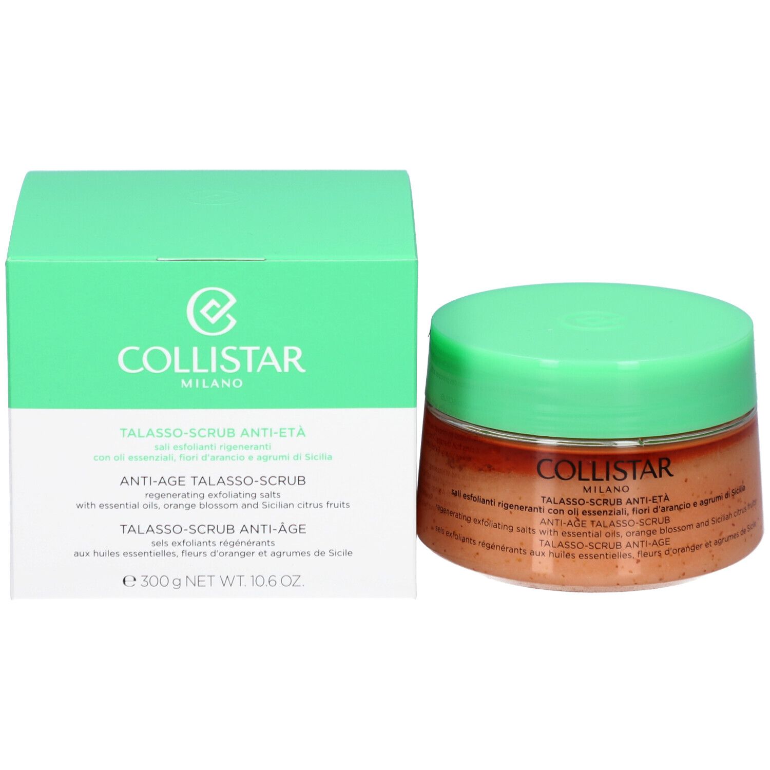 Pot et boîte. Inscription : COLLISTAR, TALASSO-SCRUB ANTI-ÂGE. Emballage vert.