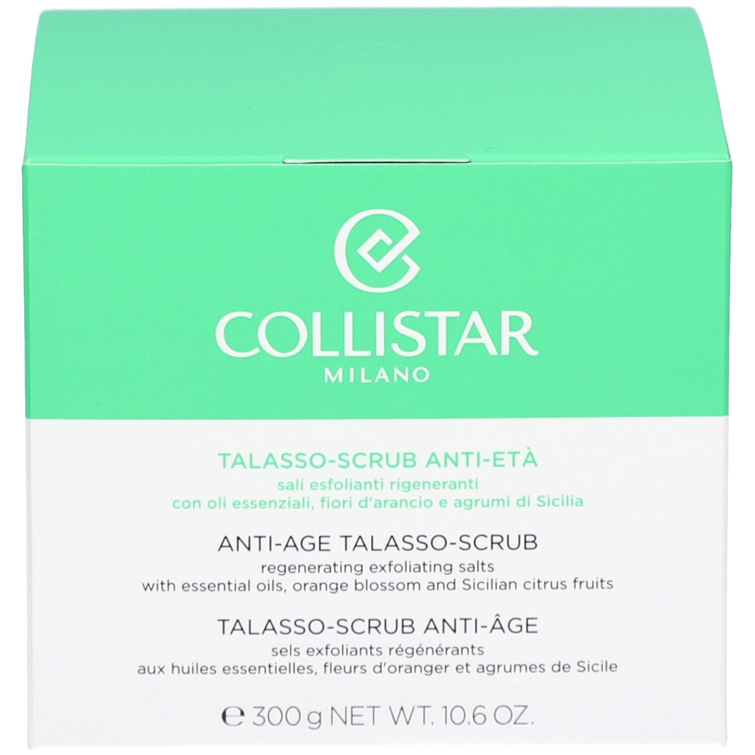 Boîte verte. Inscription : COLLISTAR, TALASSO-SCRUB ANTI-ÂGE. Texte et logo.