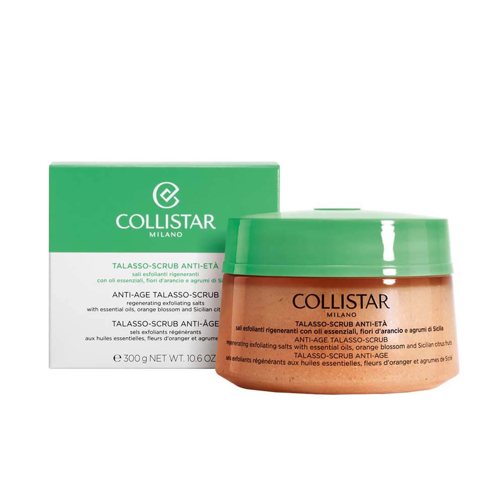 Pot et boîte. Inscription : COLLISTAR, TALASSO-SCRUB ANTI-ÂGE. Emballage vert.