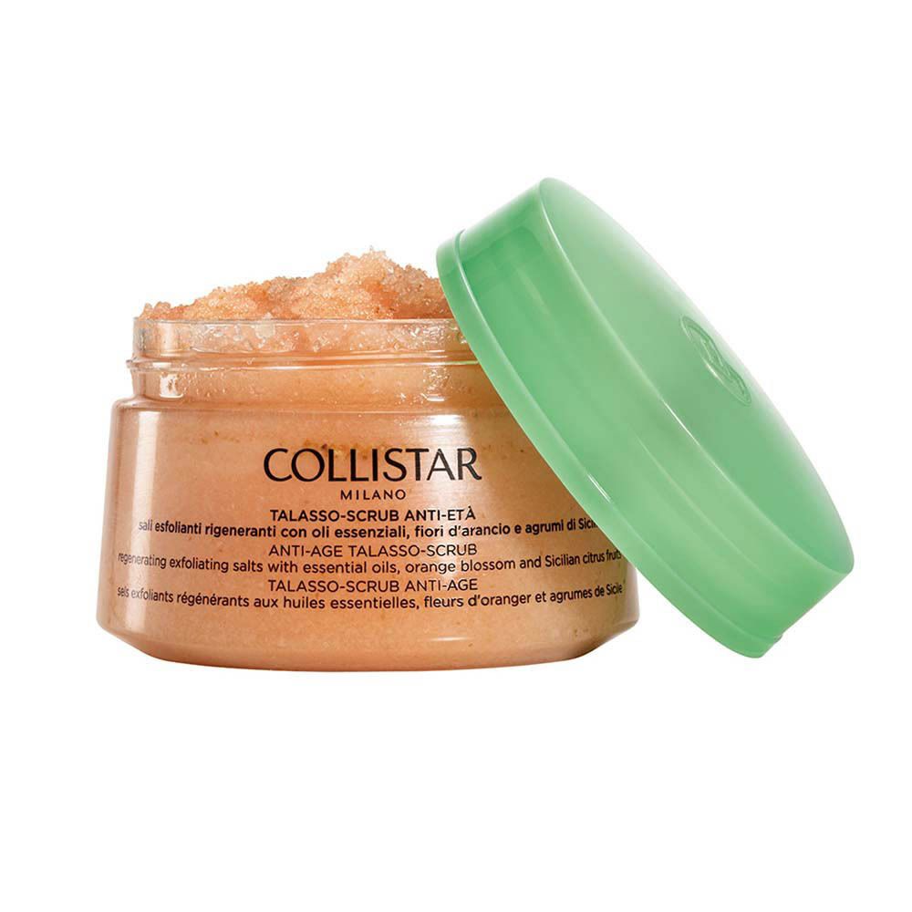 Pot ouvert avec couvercle vert. Inscription : COLLISTAR, TALASSO-SCRUB ANTI-ÂGE.