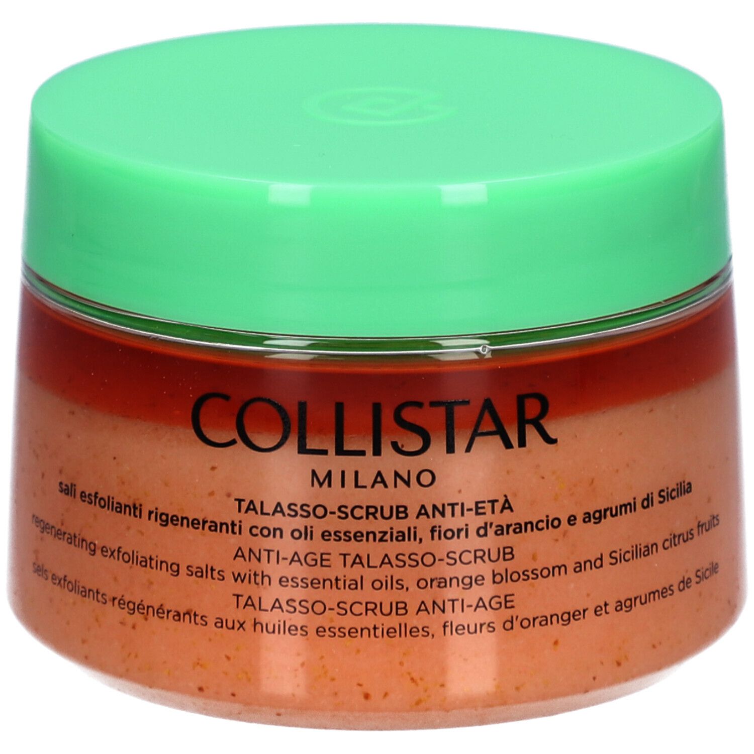 Pot avec couvercle vert. Inscription : COLLISTAR MILANO. Nom du produit et description en plusieurs langues.