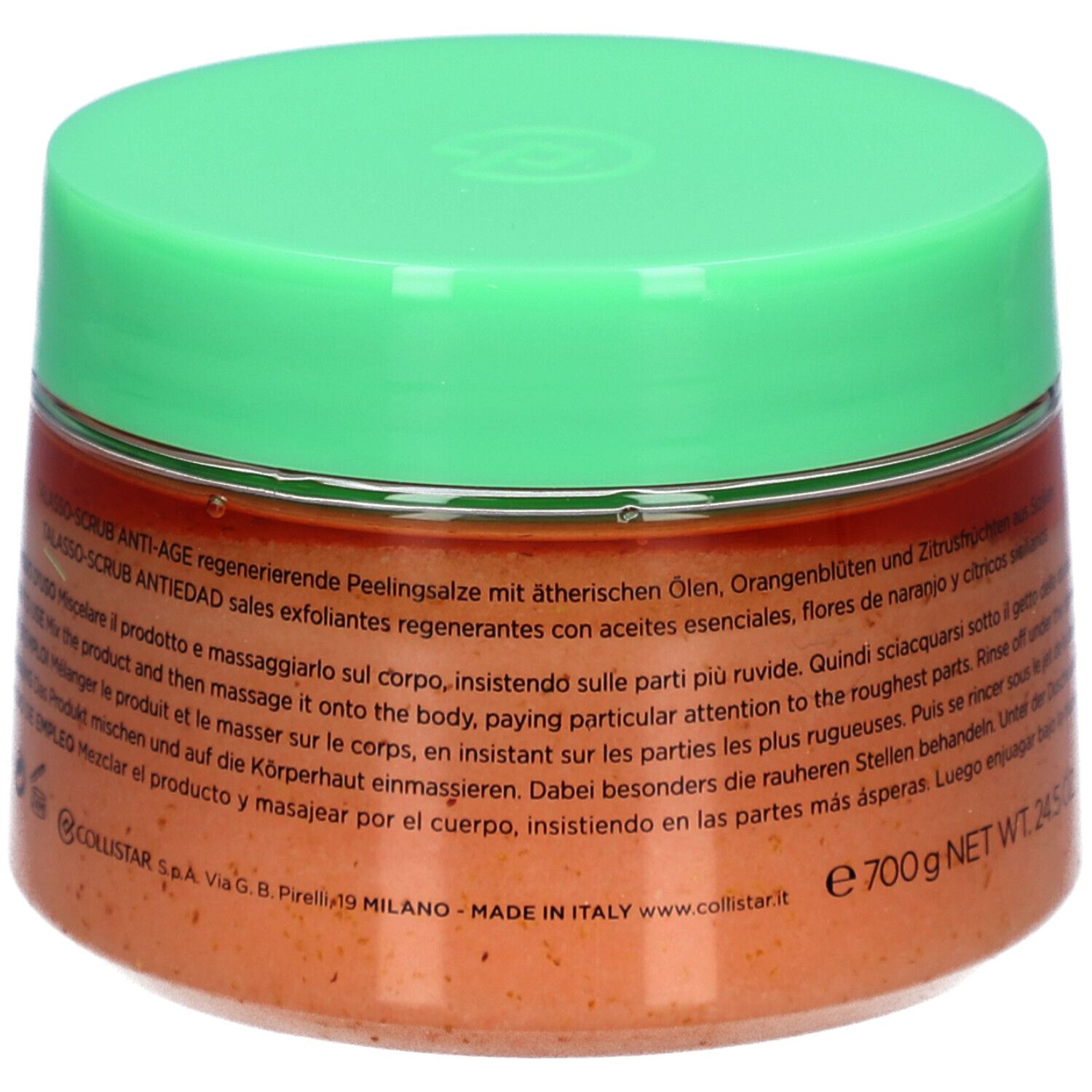 Pot avec couvercle vert. Inscription : COLLISTAR MILANO. Nom du produit et description en plusieurs langues. Poids : 700g.
