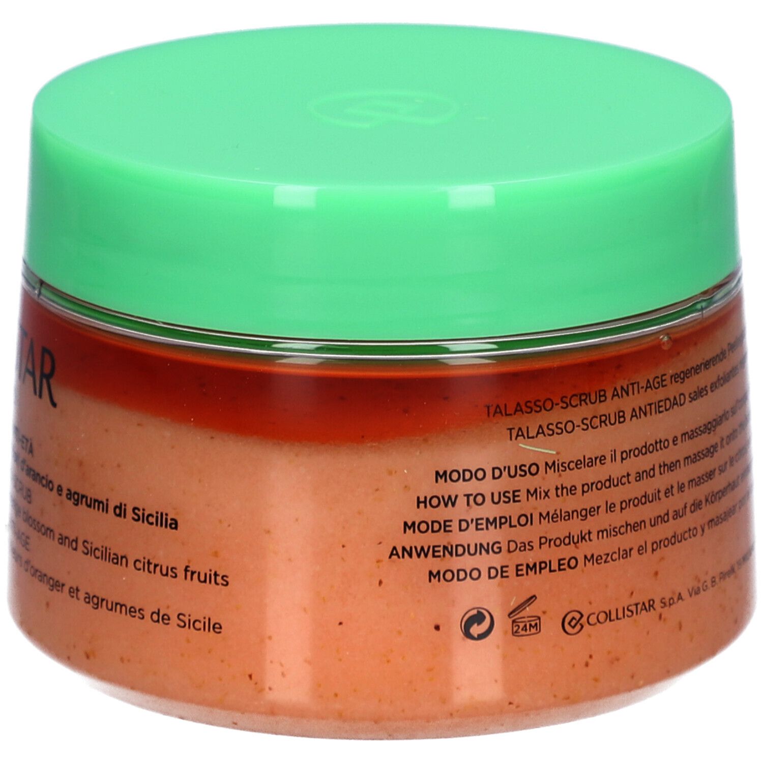 Pot avec couvercle vert. Inscription : COLLISTAR MILANO. Nom du produit et description en plusieurs langues. Poids : 700g.