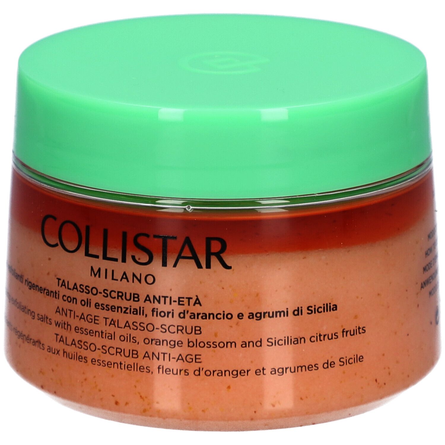 Pot avec couvercle vert. Inscription : COLLISTAR MILANO. Nom du produit et description en plusieurs langues. Poids : 700g.