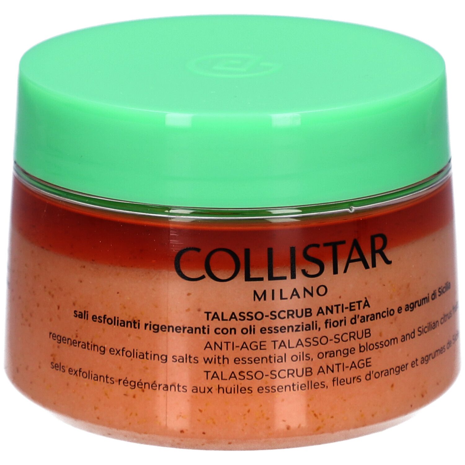 Pot avec couvercle vert. Inscription : COLLISTAR MILANO. Nom du produit et description en plusieurs langues. Poids : 700g.