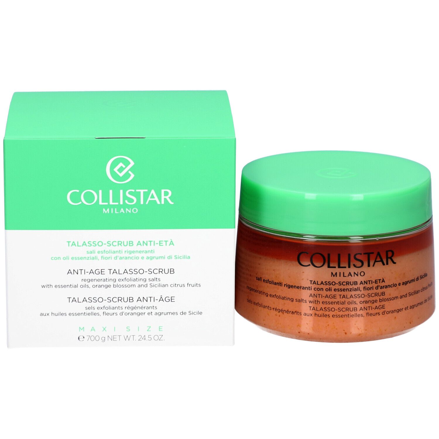 Emballage du produit avec couvercle vert et inscription blanche. Inscription : COLLISTAR MILANO. Nom du produit et description en plusieurs langues.