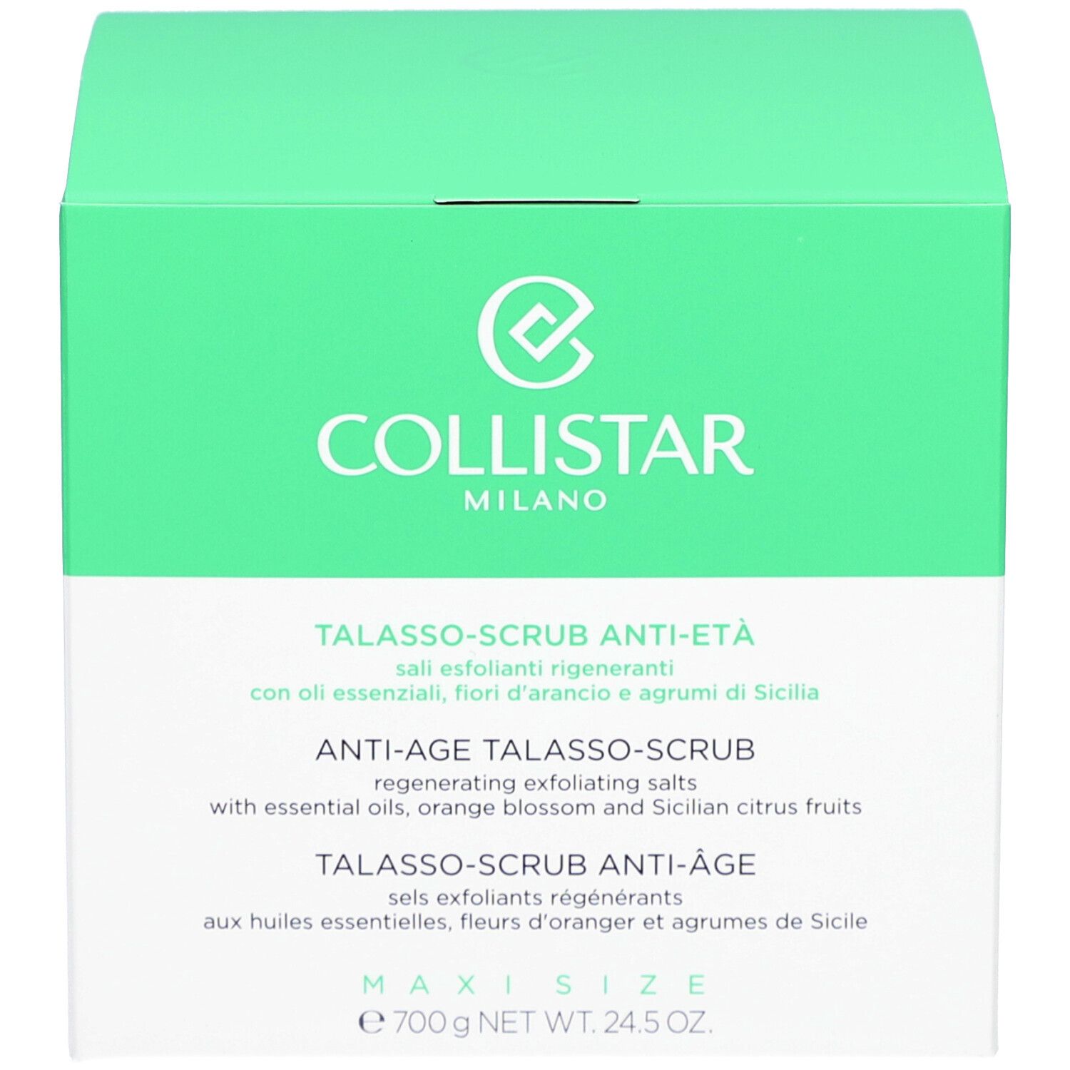 Emballage du produit avec couvercle vert et inscription blanche. Inscription : COLLISTAR MILANO. Nom du produit et description en plusieurs langues.
