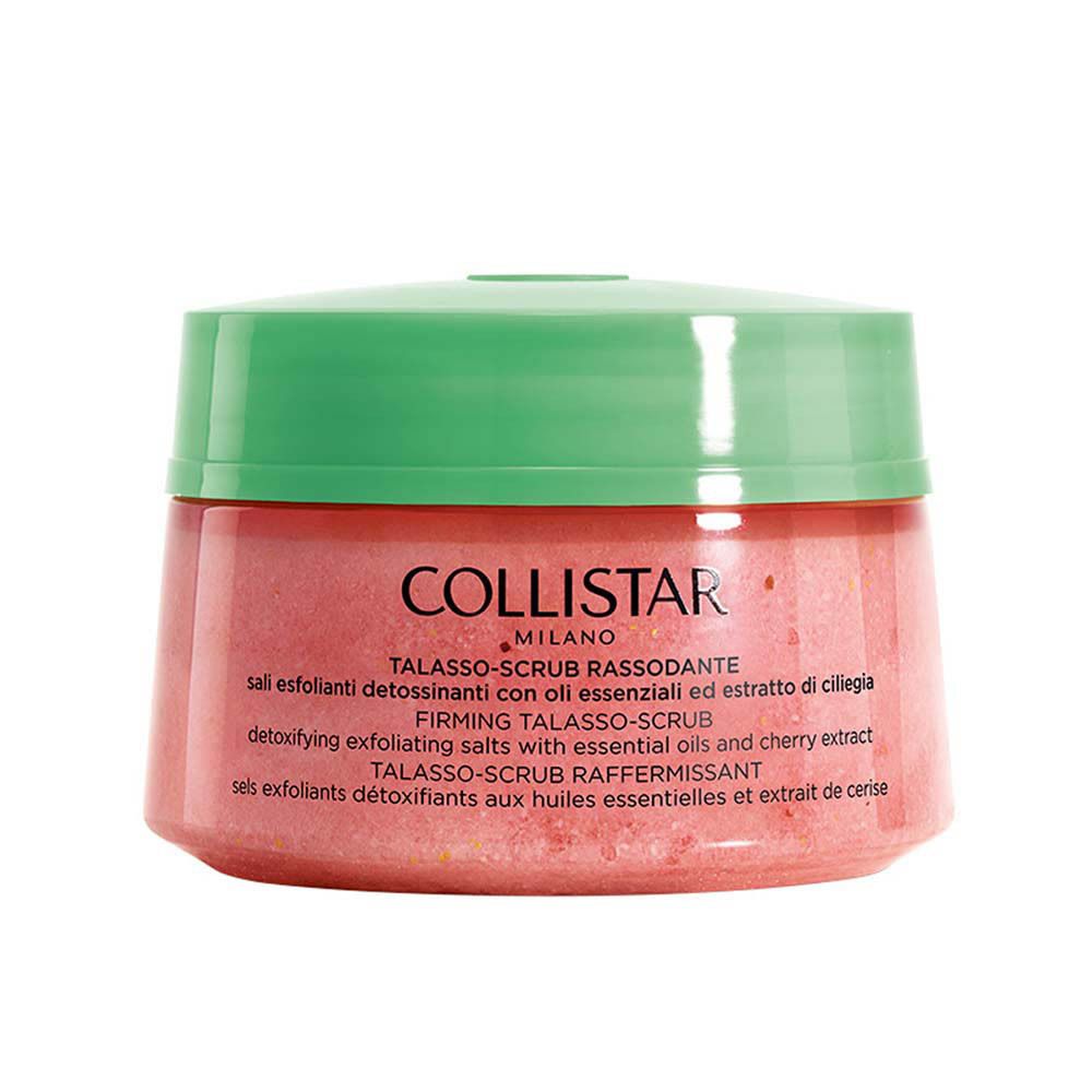 Pot rond avec couvercle vert. Inscription : COLLISTAR, TALASSO-SCRUB RASSODANTE. Contenu : sel exfoliant.