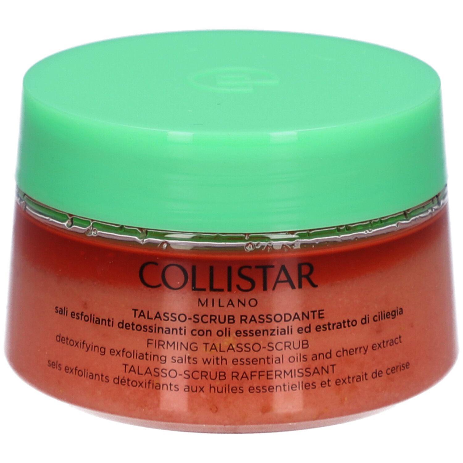 Runder Tiegel mit grünem Deckel. Aufschrift: COLLISTAR, TALASSO-SCRUB RASSODANTE. Inhalt: Peeling-Salz.