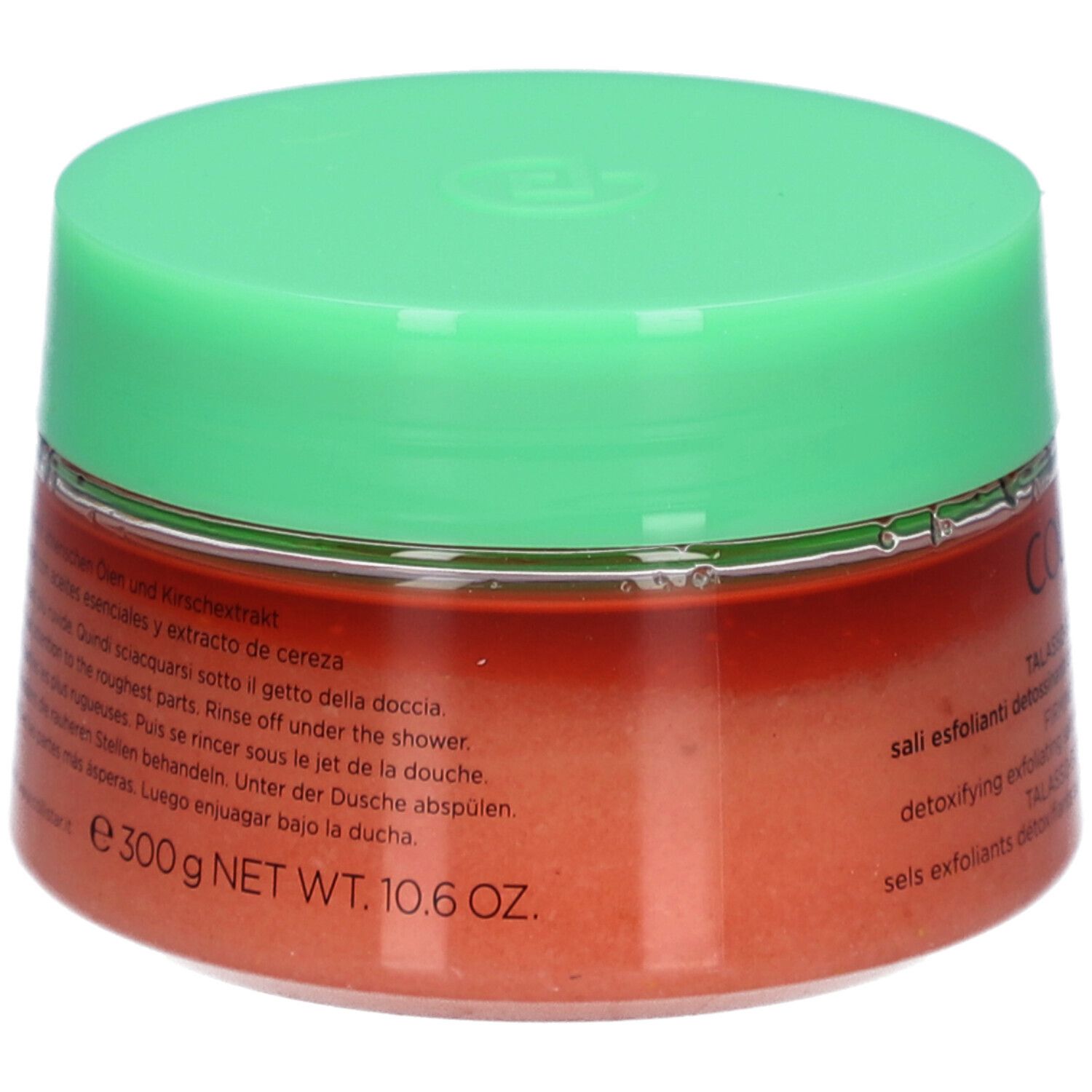 Runder Tiegel mit grünem Deckel. Aufschrift: COLLISTAR, TALASSO-SCRUB RASSODANTE. Inhalt: Peeling-Salz. Aufschrift: 300 g NET WT. 10.6 OZ.