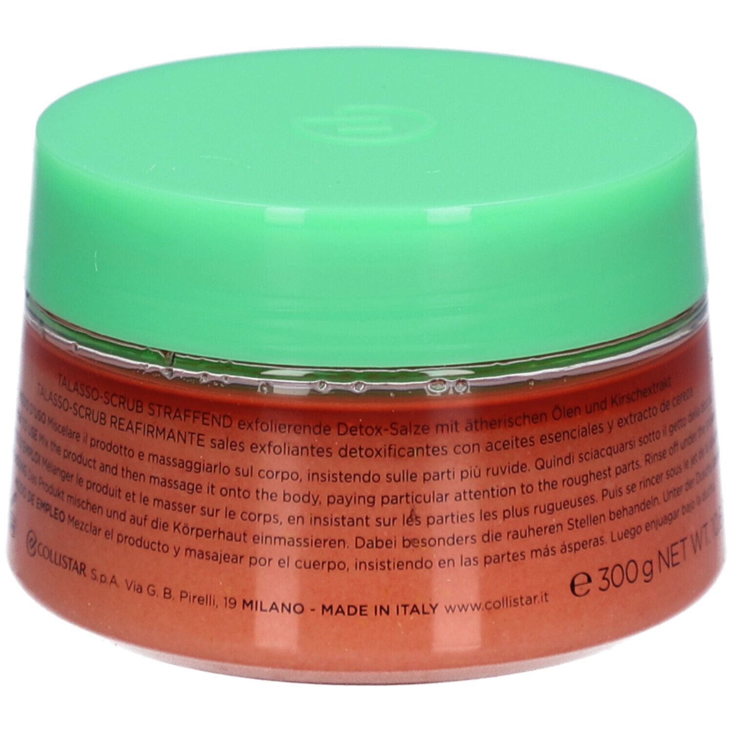 Runder Tiegel mit grünem Deckel. Aufschrift: COLLISTAR, TALASSO-SCRUB RASSODANTE. Inhalt: Peeling-Salz. Aufschrift: 300 g NET WT. 10.6 OZ.