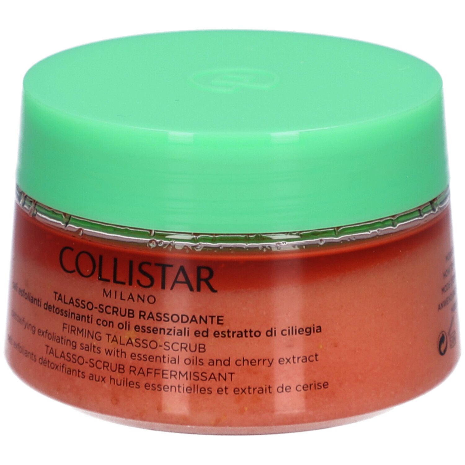 Runder Tiegel mit grünem Deckel. Aufschrift: COLLISTAR, TALASSO-SCRUB RASSODANTE. Inhalt: Peeling-Salz.