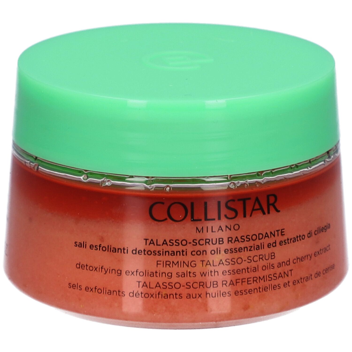 Runder Tiegel mit grünem Deckel. Aufschrift: COLLISTAR, TALASSO-SCRUB RASSODANTE. Inhalt: Peeling-Salz.