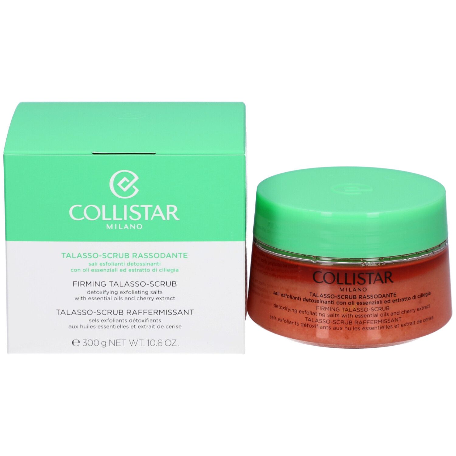 Produktverpackung und Tiegel mit grünem Deckel. Aufschrift: COLLISTAR, TALASSO-SCRUB RASSODANTE. Inhalt: Peeling-Salz.