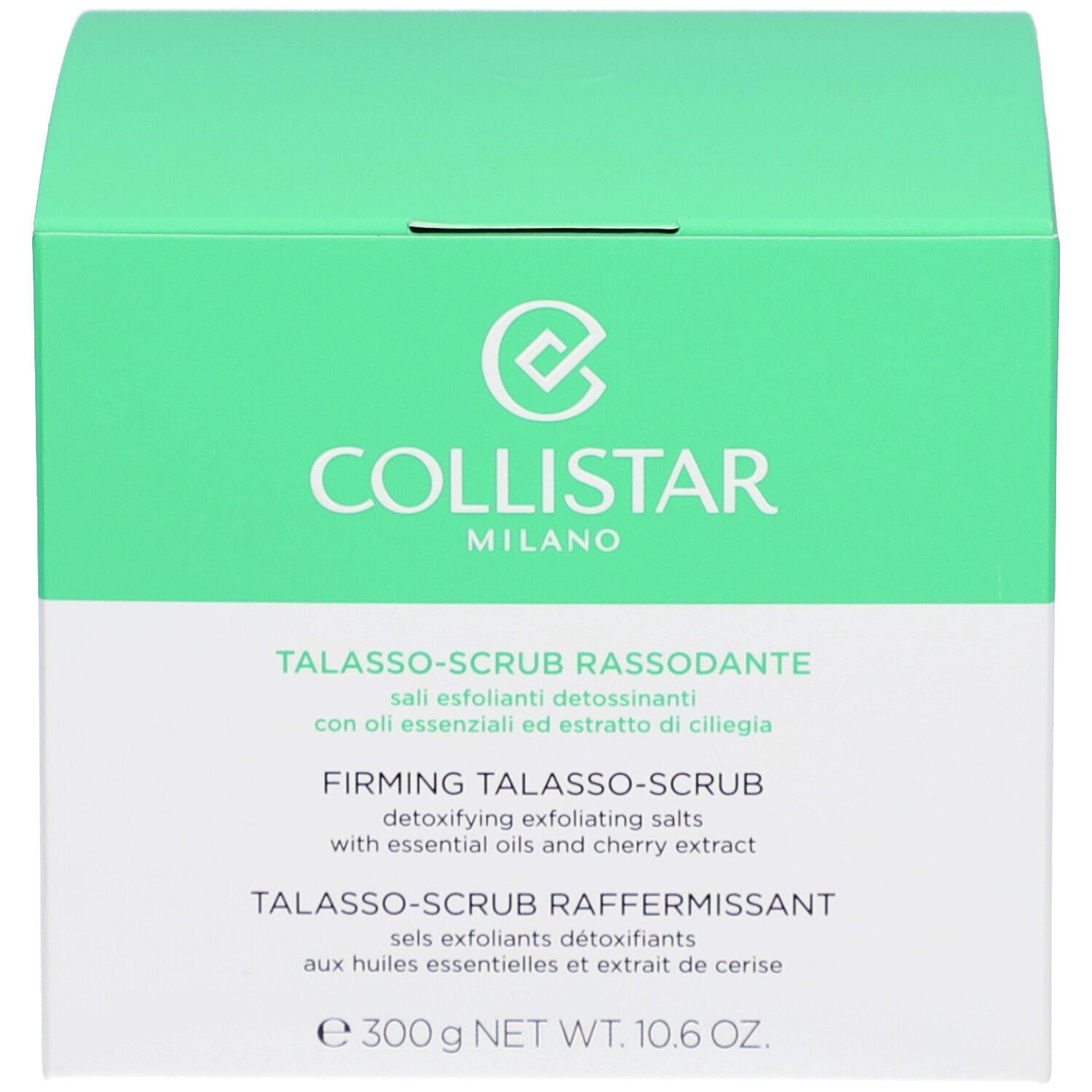 Produktverpackung. Aufschrift: COLLISTAR, TALASSO-SCRUB RASSODANTE. Inhalt: Peeling-Salz. Aufschrift: 300 g NET WT. 10.6 OZ.