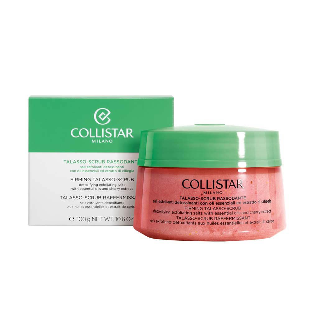 Emballage et pot avec couvercle vert. Inscription : COLLISTAR, TALASSO-SCRUB RASSODANTE. Contenu : sel exfoliant.