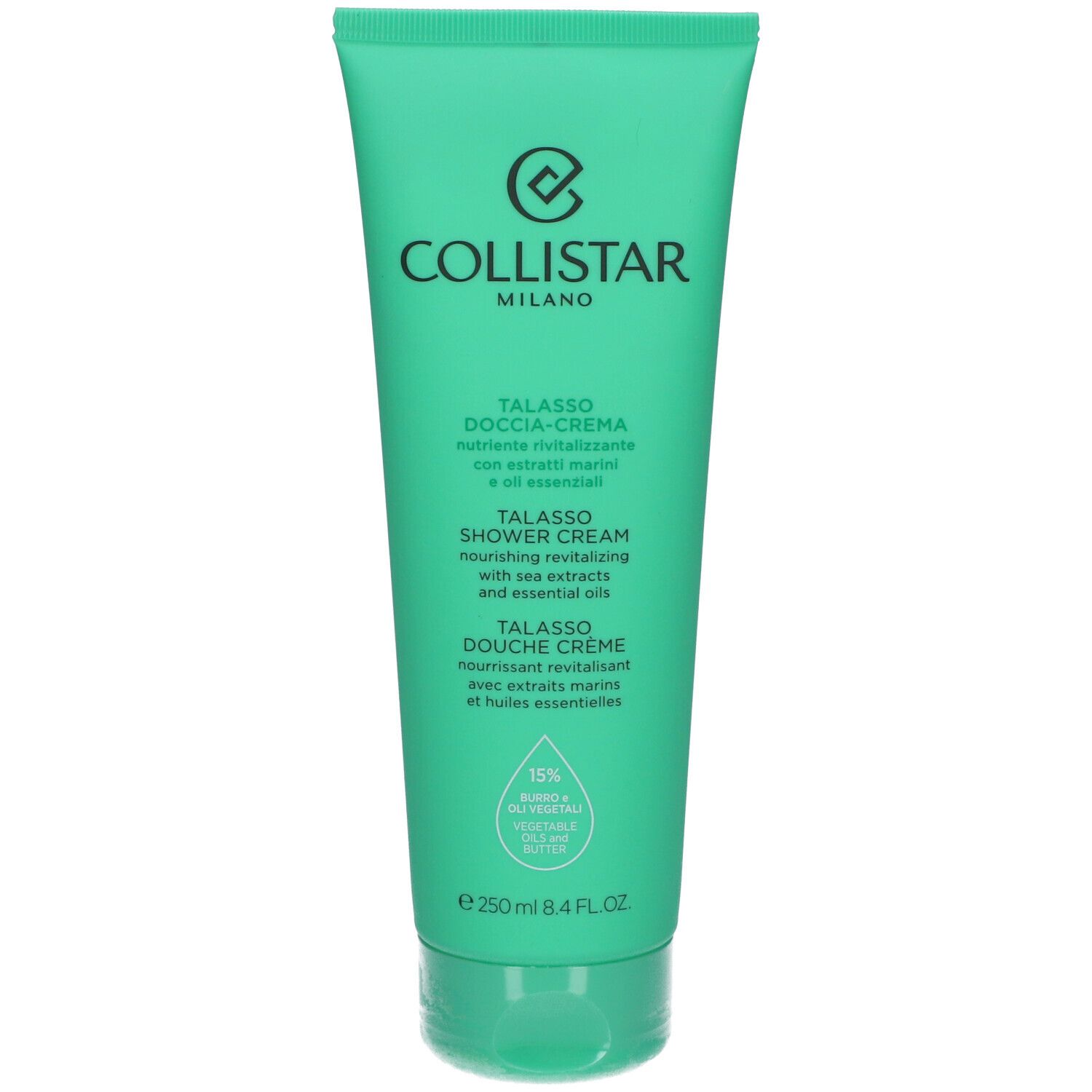 Tube vert Collistar. Inscriptions en italien, anglais et français. Contient 15% d'ingrédients végétaux. Contenance 250ml.