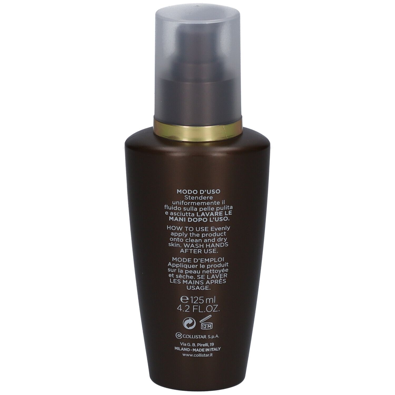 Dos du flacon marron. Texte: Modo d'uso, How to use, Mode d'emploi. E 125 ml 4.2 FL.OZ.