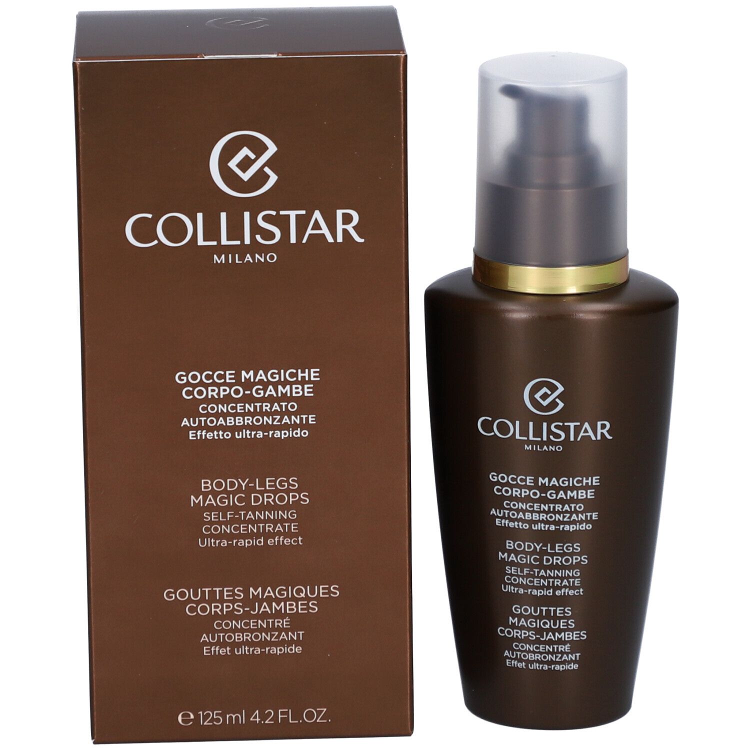Boîte et flacon marron. Texte: Collistar Milano, Gocce Magiche Corps-Jambes. E 125 ml 4.2 FL.OZ.